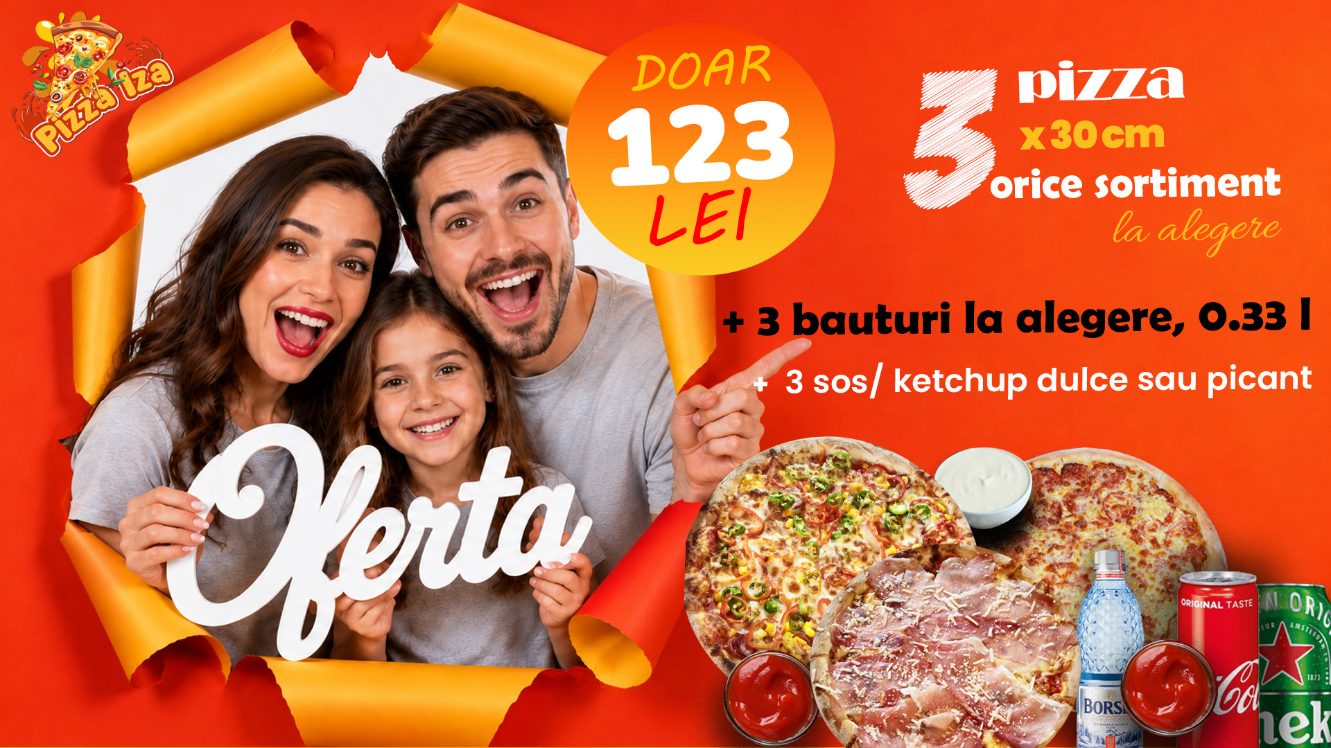 Ofertă 3 pizza medii (30cm) + 3 băuturi + 3 sosuri – 123 lei