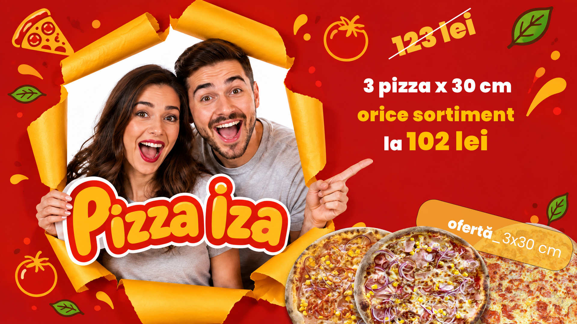 Ofertă 3 pizza medii (30cm) – 102 lei