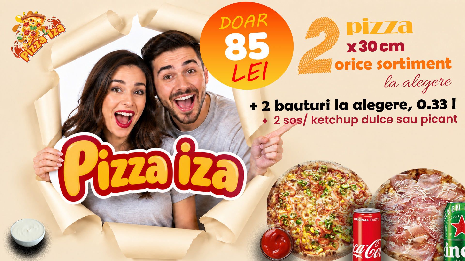 Ofertă 2 pizza medii (30cm) + 2 băuturi + 2 sosuri – 85 lei