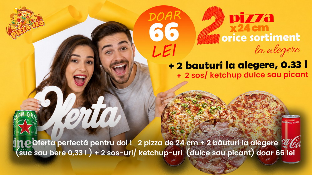 Ofertă 2 pizza mici (24cm) + 2 sucuri + 2 sosuri – 66 lei