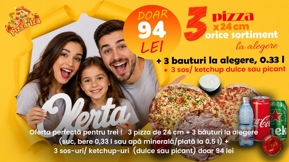 Ofertă 3 pizza mici (24cm) +  3 sosuri + 3 beri/suc 0.33l - 94lei