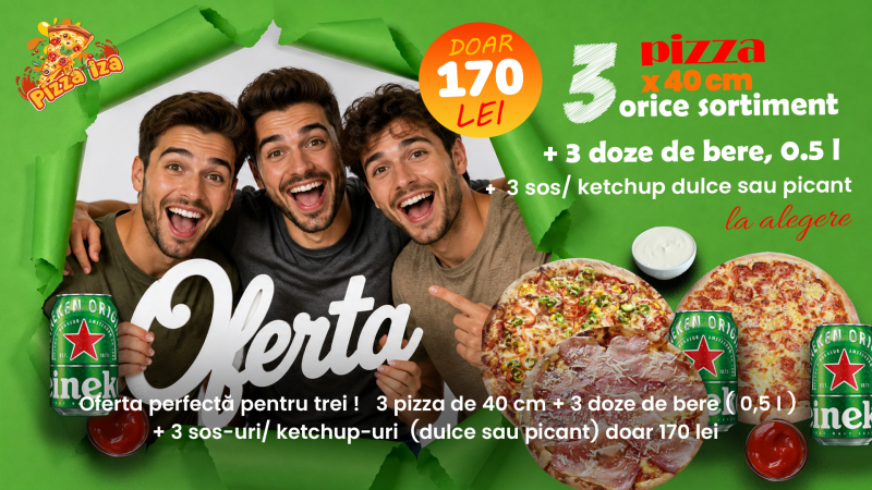 Oferta pentru 3 – Pizza 40 cm + bere + sos, la 170 lei