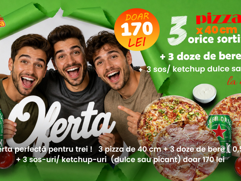 Oferta pentru 3 – Pizza 40 cm + bere + sos, la 170 lei